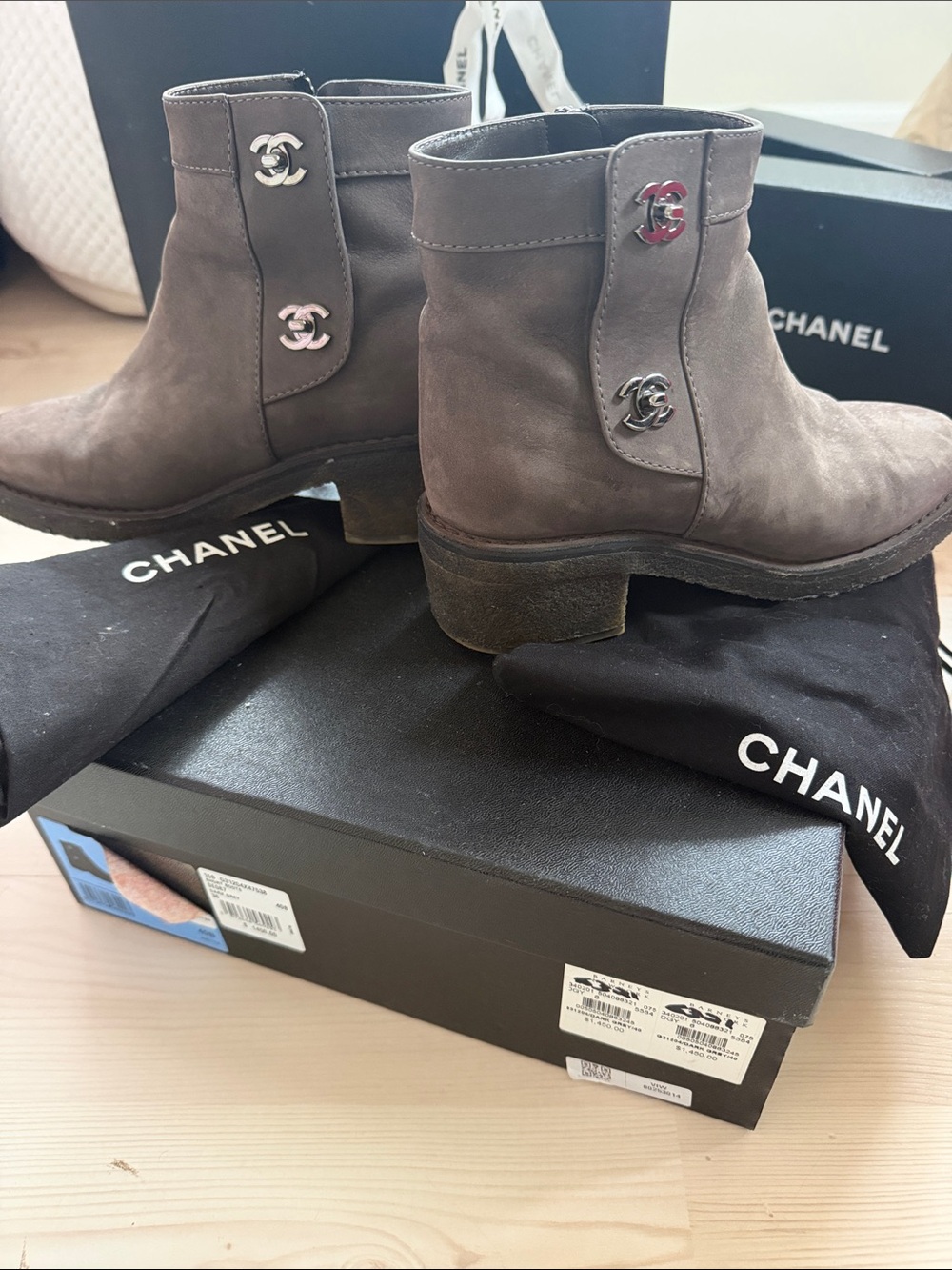 CHANEL Gray Suede Ankle Booties with CC Logo Accents